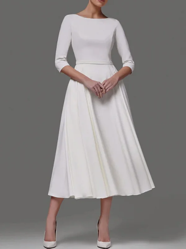 A Line Tea Length Wedding Dresses 3 4 Sleeve Satin Midi